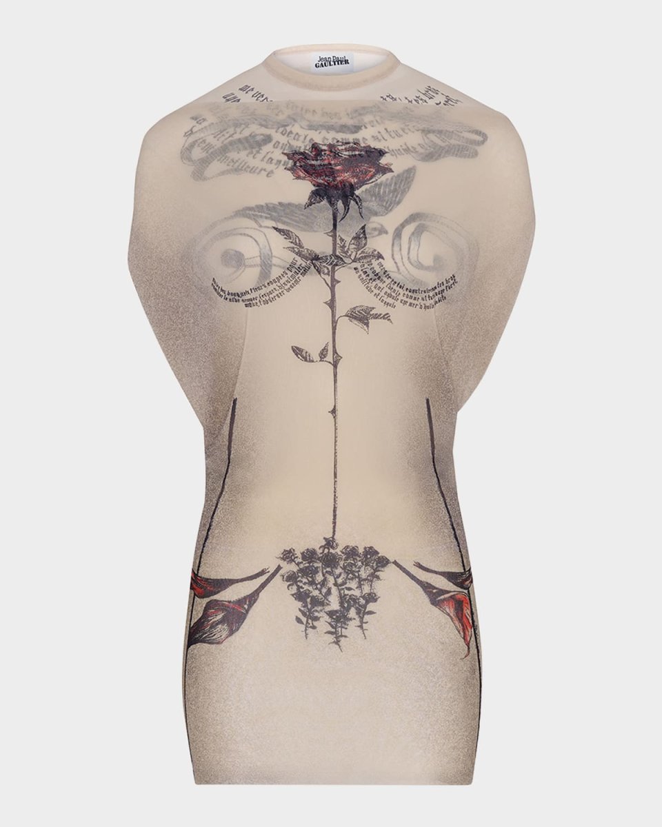 Tattoo Rose And Bird Print Layered Mesh Mini Dress